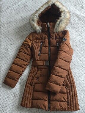 Nautica Women’s Belted Faux-Fur Hooded Puffer Coat - Brown